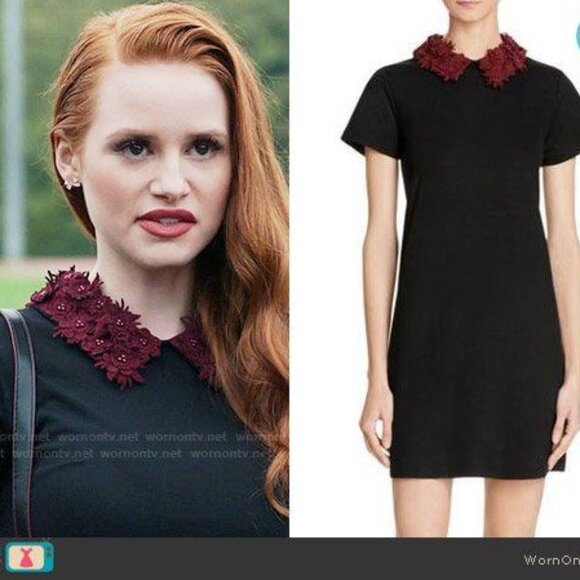 Lord & Taylor Black Shirt Dress with Burgundy Floral Collar Dark Romantic Medium - Picture 1 of 16